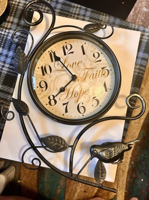 Better Homes & Gardens 15x9”Love Faith Hope Antiqued Metal Scroll Clock, Works