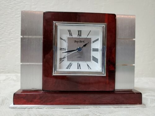 Bey-Berk Clock Silver & Wood Very Sleek Table Desk Top
