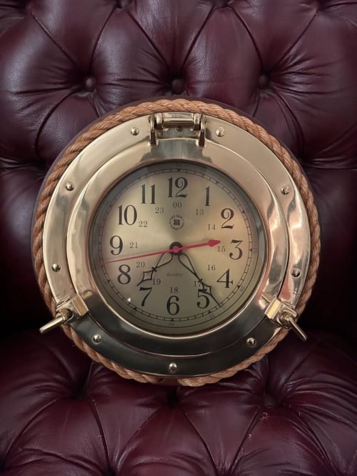 Bey Berk International Brass Porthole Wall Clock w/ Fisherman's Rope Quartz 13"