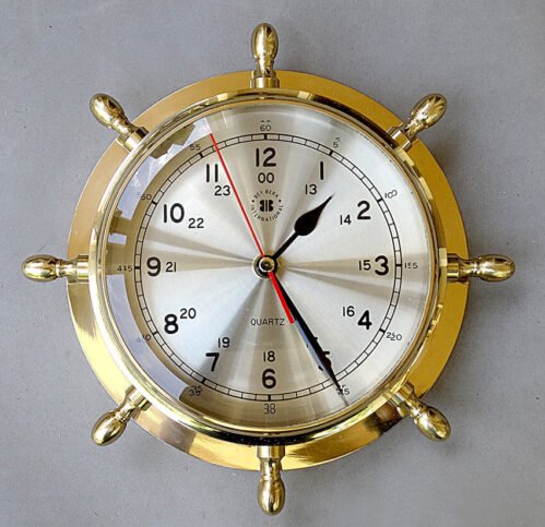 Bey Berk Brass Ship's Wheel Wall Clock Quartz 24 Hour 9.5" Glass Nautical Boat