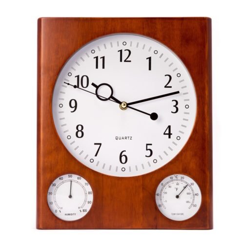 Bey Berk Brown Wood Wall Clock w/ Thermometer and Hygrometer Brown