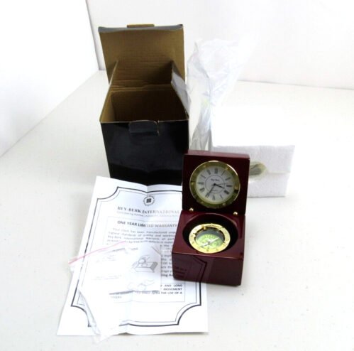 Bey Berk Compass and Clock Lacquered Rosewood Hinged Box w Engraving Plaque Gift
