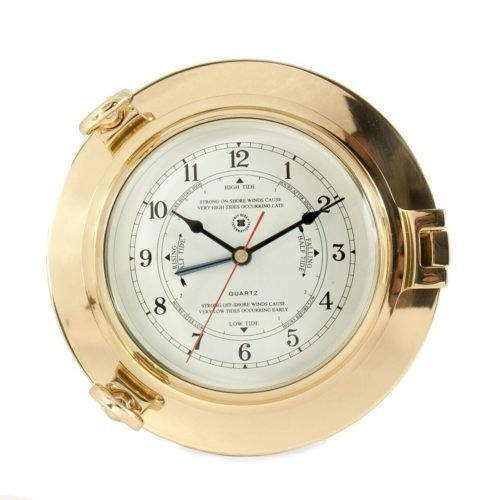 Bey Berk Lacquered Brass Porthole Tide & Time Quartz Clock with Beveled Glass.