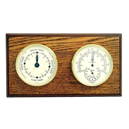 Bey berk Tide Clock and Thermometer with Hygrometer on Oak Wood with Brass Bezel
