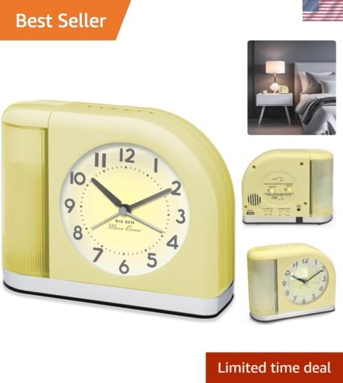 Big Ben Moon Beam Analog Alarm Clock - Vintage Yellow Design with USB Charging