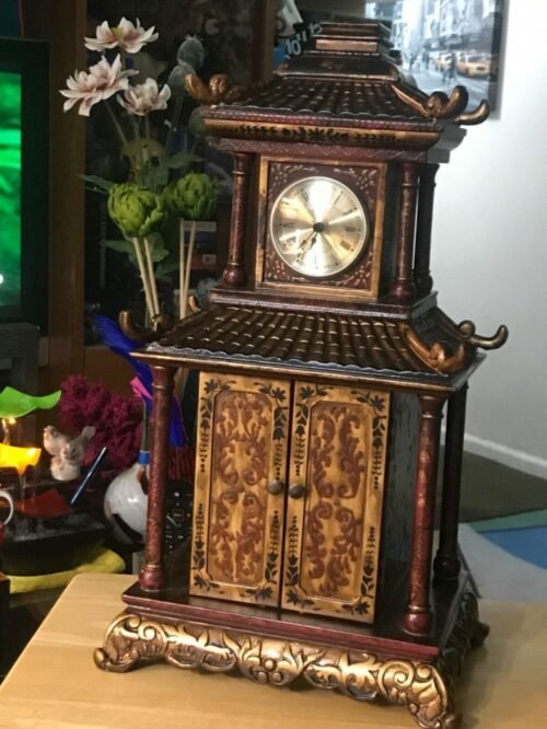BIG “ PAGODA CLOCK “ with JEWELRY DRAWERS L. 12” x W. 8” x H. 21” INCHES