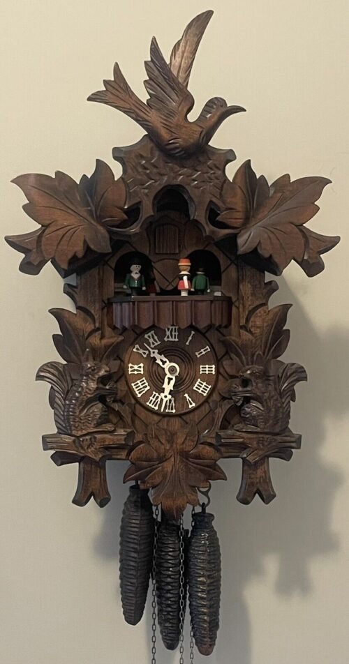 Bird Leaves Squirrels Black Forest German People Dancing Musical Cuckoo Clock