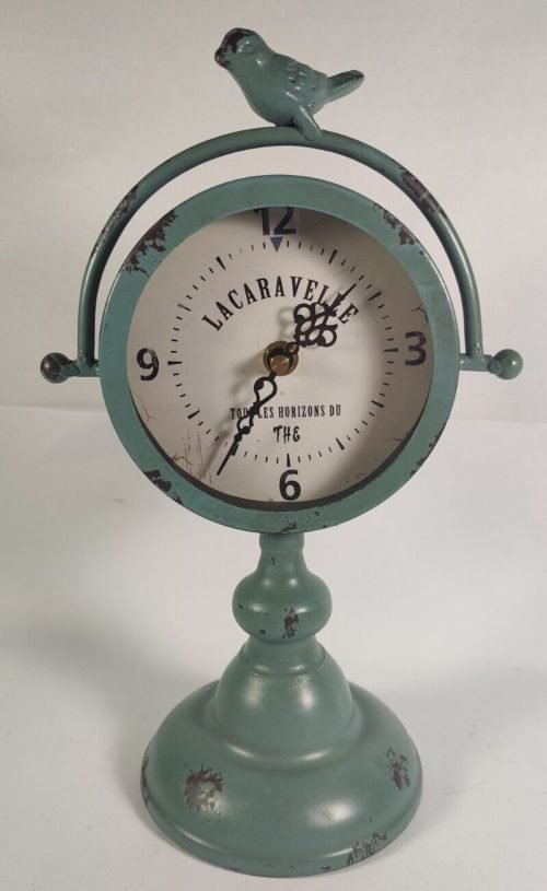 Bird Metal Table Mantel Clock 12" Tall Distressed Teal Blue Analog Used See Pix!
