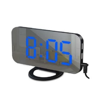 Black Blue Digital LED Alarm Clock Mirror 2 USB Charger Ports Night Light
