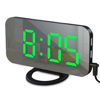 Black Green Digital LED Alarm Clock Mirror 2 USB Charger Ports Night Light