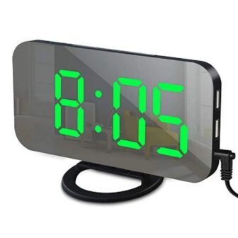 Black-Green Digital LED Alarm Clock Mirror 2 USB Charger Ports Night Light...