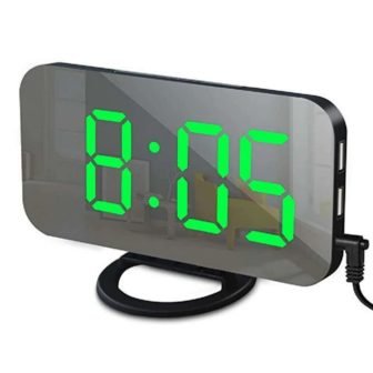 Black Green Digital LED Alarm Clock Mirror 2 USB Charger Ports Night Light