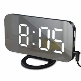 Black White Digital LED Alarm Clock Mirror 2 USB Charger Ports Night Light