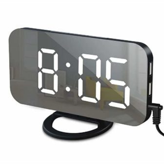 Black White Digital LED Alarm Clock Mirror 2 USB Charger Ports Night Light