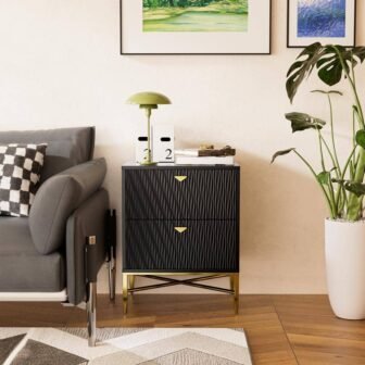 Black 2-Drawer Water Ripple Finish Designs Wood Nightstand with Square Support Legs