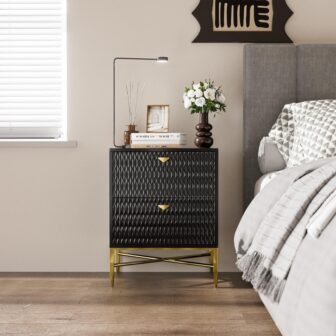 Black 2 Drawer Wood Nightstand with Square Support Legs