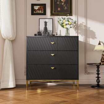 Black 3-Drawer Water Ripple Finish Designs Wood Nightstand with Square Support Legs