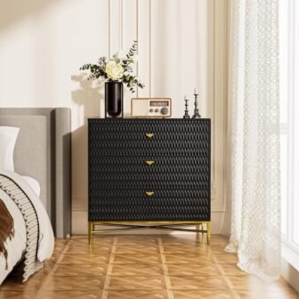 Black 3-Drawer Wood Nightstand with Square Support Legs