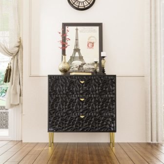 Black 3-Drawer Wood Nightstand with Tapered Support Legs