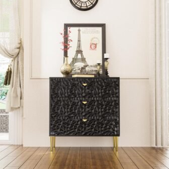 Black 3-Drawer Wood Nightstand with Tapered Support Legs