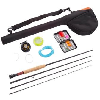 Black 8 ft.Collapsible Fiberglass Fly Fishing Rod and Reel Starter Kit with...