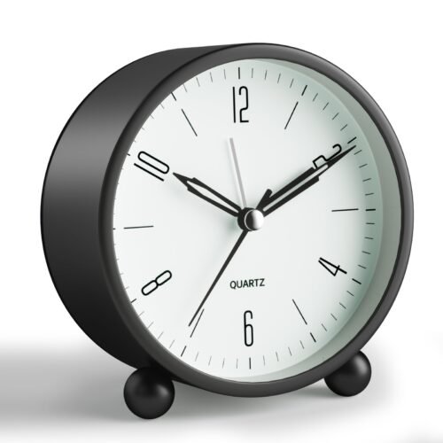 Black Analog Alarm Clock 4" Silent Non-Ticking Night Light Battery Bedside