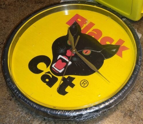 Black Cat Fireworks Wall Clock Round Vintage Rare Works Never Used