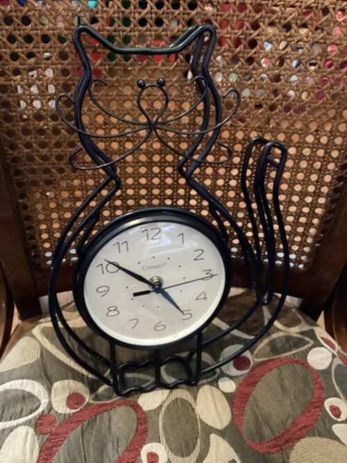 Black Cat Metal Wall Desk Clock Battery Power 13” Vtg Works Great