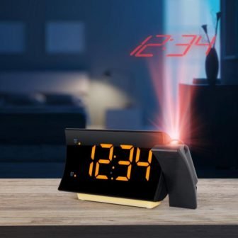 Black Curved LED Projection Alarm Clock with Radio and glowing nightlight