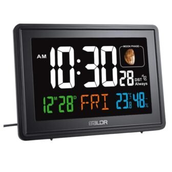 Black Large Color Display Digital Desk Rectangular Atomic Alarm Clock with Indoor...