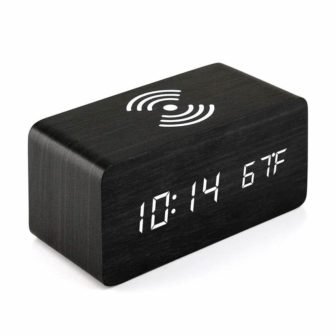 Black LED Digital Alarm Clock with Qi Wireless Charging, Sound Control, Date,...