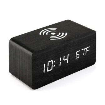 Black LED Digital Alarm Clock with Qi Wireless Charging, Sound Control, Date,...