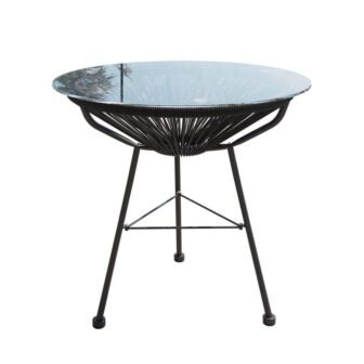 Black Round Wicker Outdoor Side Table with Round Glass Top