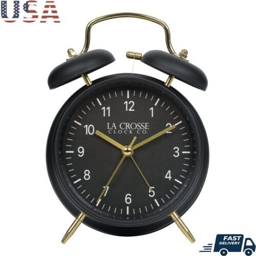 Black Twin Bell Alarm Clock Analog Quartz Loud Bell Black Metal Classic Design