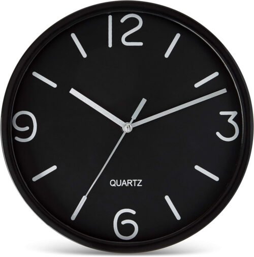 Black Wall Clock 8 Inch Silent Non Ticking Quartz Battery Operated Easy to Read