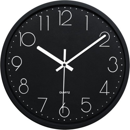 Black Wall Clock Non Ticking Silent Quartz Round Clock Decorate Black Face