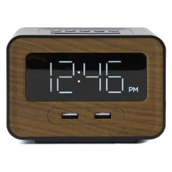 Black Wood Digital Table Alarm Clock with Dual USB Charging Station photo