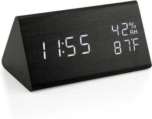 Black Wooden Alarm Clock, Modern Smart LED Digital Clock for Bedroom - desks