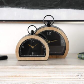 Black Wooden Semicircle Clock with Brown Wooden Frame and Ring Handle (Set image
