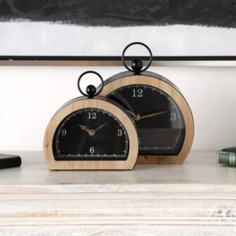 Black Wooden Semicircle Clock with Brown Wooden Frame and Ring Handle (Set...