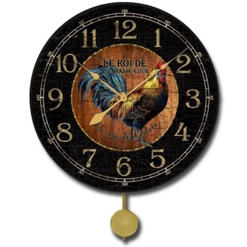 Black & Wood Pattern Rooster Pendulum Wall Clock Ultra Quiet Classical Home Deco