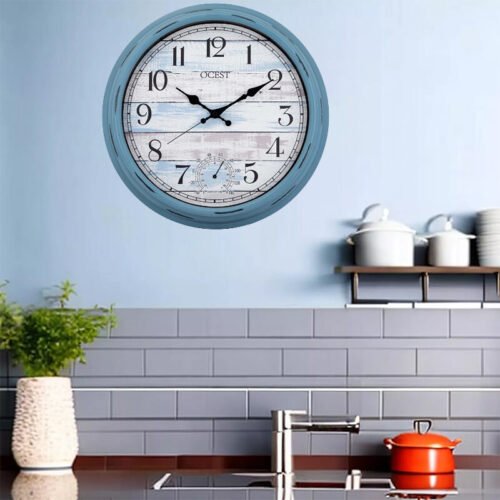 Blue 16 Inch Large Outdoor Clock Waterproof with Thermometer Retro Wall Clocks