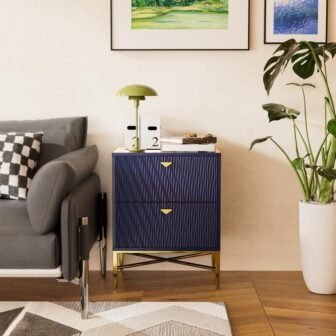 Blue 2-Drawer Water Ripple Finish Designs Wood Nightstand with Square Support Legs