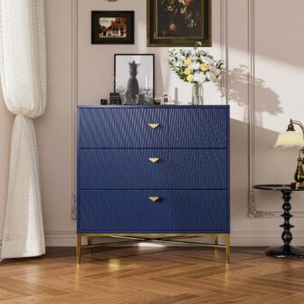 Blue 3 Drawer Water Ripple Finish Designs Wood Nightstand with Square Support Legs