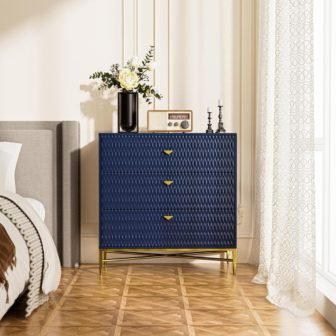 Blue 3-Drawer Wood Nightstand with Square Support Legs