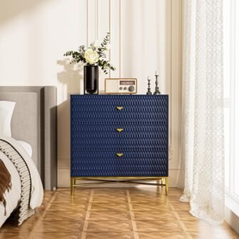 Blue 3-Drawer Wood Nightstand with Square Support Legs