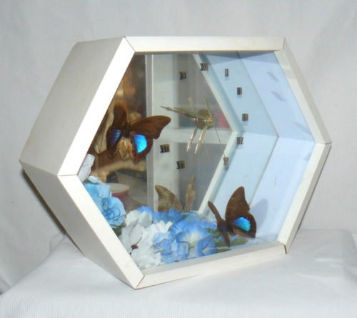 Blue Anchor Butterflies Mirror Clock Roman Numerals 10x14" Peru Wood Hexagon