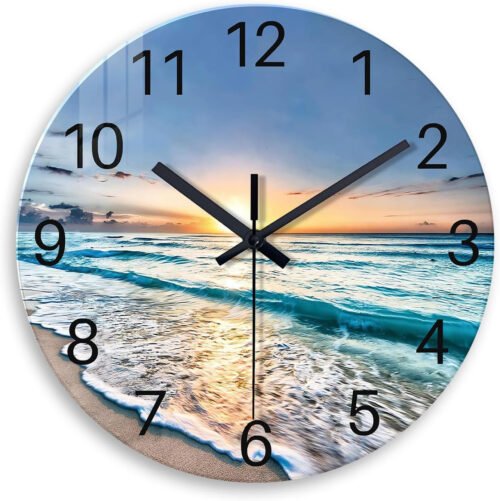 Blue Beach Wall Clock for Bedroom Glass Wall Clocks Battery Operated 12 Inch Ana