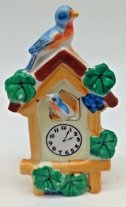 Blue Birds Cuckoo Clock Yellow Wall Pocket Bird House Japan Vintage Lusterware