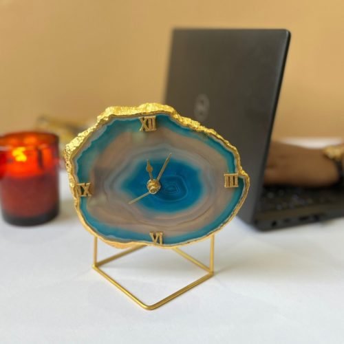 Blue Brazilian Agate Desktop Clock for Home and Office Decor Table Clock